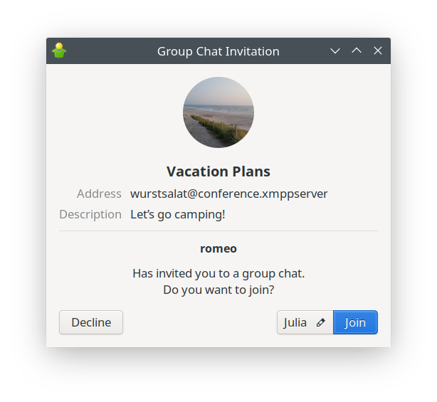 Das neue Fenster für Einladungen zum Gruppenchat
