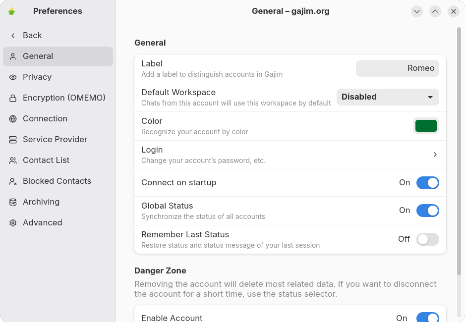 Gajim 2.3.5 bündelt Einstellungen und Kontoeinstellungen